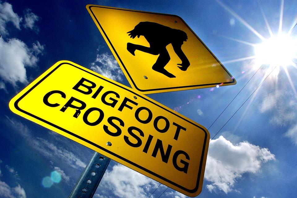 A "Bigfoot Crossing" road sign is pictured in 2008 outside the Honobia Fire Department.
