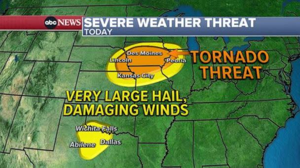 PHOTO: Today&#x002019;s main threat for severe weather exists over areas already hit this weekend. (ABC News)