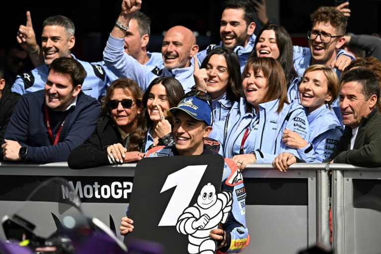 Ducati Spanish rider Marc Marquez celebrates after taking pole position for the MotoGP Spanish Grand Prix at Jerez de la Frontera (JORGE GUERRERO)