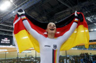 Cycling - UCI Track World Championships - Women's Sprint, Final - Hong Kong, China - 14/4/17 - Germany's Kristina Vogel celebrates after winning gold. REUTERS/Bobby Yip