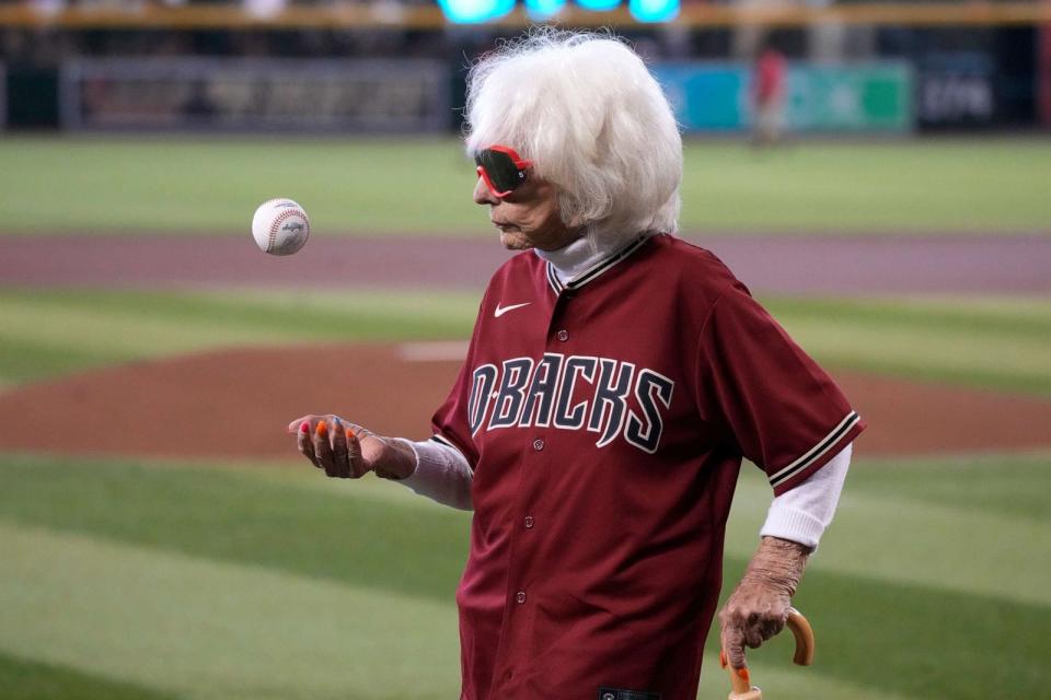 PHOTO: In this July 24, 2022, file photo, former All American Girls Professional Baseball player Maybelle Blair appears before a baseball game between the Arizona Diamondbacks and the Washington Nationals, in Phoenix. (Rick Scuteri/AP, FILE)