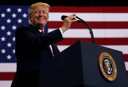 U.S. President Donald Trump holds a Make America Great Again rally at Nashville Municipal Auditorium in Nashville, Tennessee, U.S., May 29, 2018. REUTERS/Leah Millis