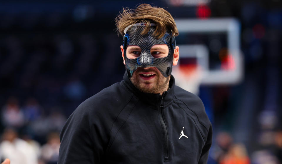 Feb 10, 2024; Dallas, Texas, USA; Dallas Mavericks guard Luka Doncic (77) warms up before the game against the Oklahoma City Thunder at American Airlines Center. Mandatory Credit: Kevin Jairaj-USA TODAY Sports