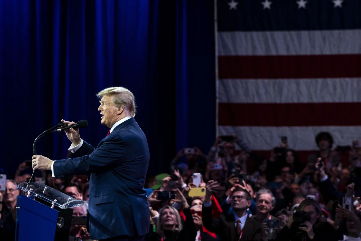 Former president Donald Trump speaks at the Conservative Political Action Conference gathering at the Gaylord Hotel in National Harbor, Md., Feb. 24, 2024. (Haiyun Jiang/The New York Times)