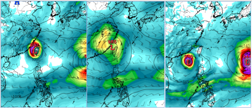 最新（24日20時）歐洲及日本模式，模擬31日20時「蘇拉」已籠罩台灣（左、中圖）；美國模式則模擬「蘇拉」經巴士海峽進入南海（右圖）。（翻攝自三立準氣象.老大洩天機／圖擷自tropical tidbits）