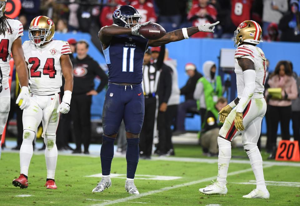 Titans WR A.J. Brown (11) returned from injury to have a big game Thursday night.
