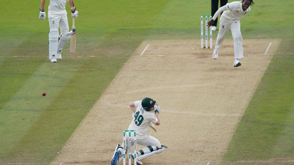 Steve Smith was felled by a frightening bouncer. (Photo by Jed Leicester/Getty Images)