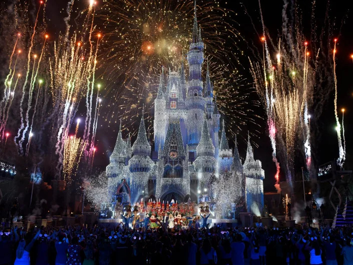 Cinderella's Castle it up and sparkling and colorful fireworks going off at night.