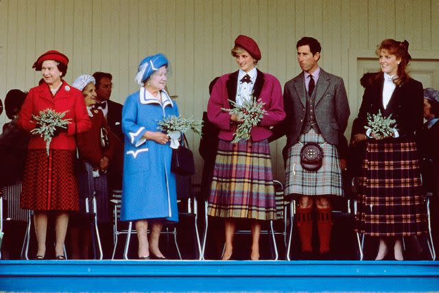 Anwar Hussein/Getty Queen Elizabeth ll, Queen Elizabeth, the Queen Mother, Diana, Princess of Wales, Prince Charles, Prince of Wales and Sarah, Duchess of York attend the Braemar Highland Games on September 6, 1986 in Braemar, Scotland.