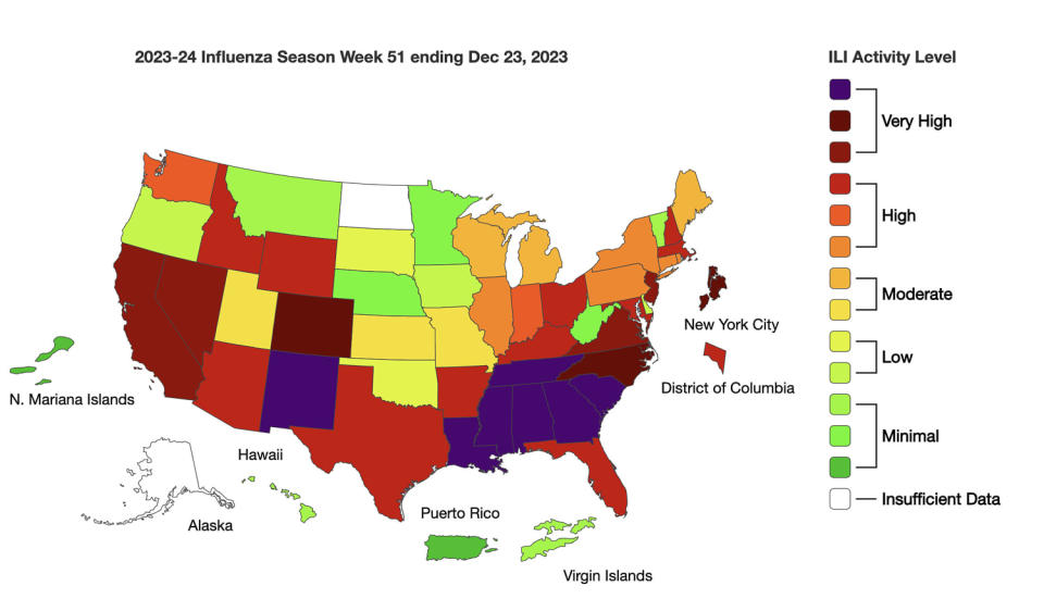 Outpatient respiratory illness activity map determined by data reported to ILINet. (CDC)