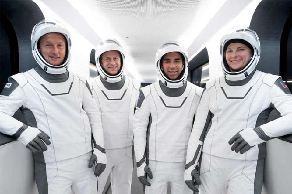 The Crew-3 astronauts suited up and strapped into their Crew Dragon capsule Thursday night for a dress rehearsal countdown. Left to right: Matthias Maurer, Thomas Marshburn, Raja Chari and Kayla Barron.  / Credit: NASA