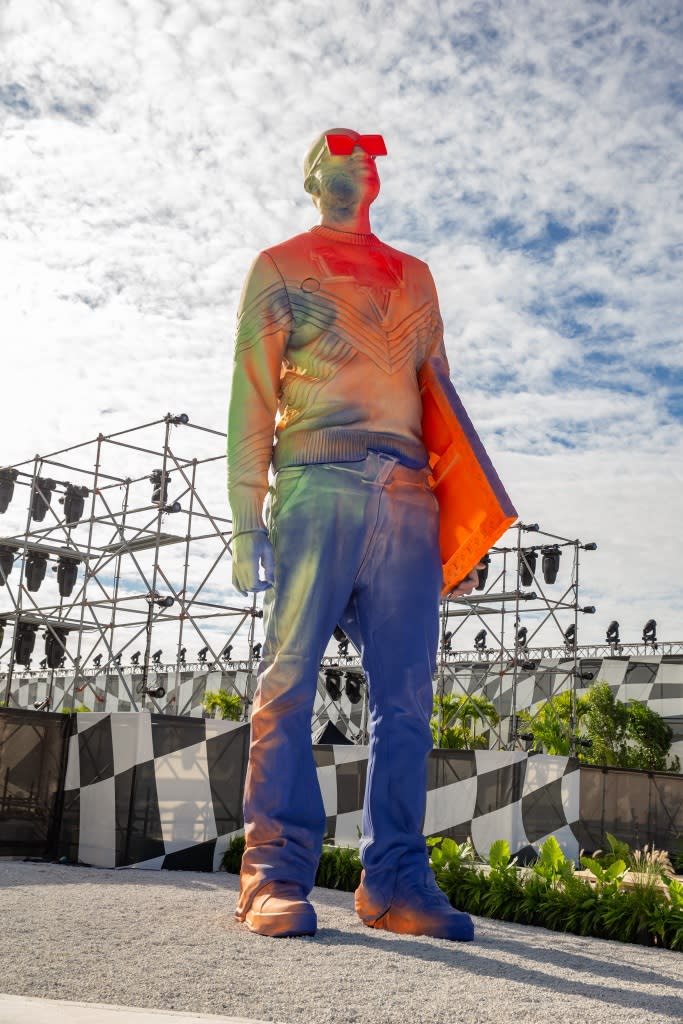 A sculpture of Virgil Abloh at the venue for the Louis Vuitton men’s spring 2020 show in Miami on Nov. 30, 2021. - Credit: Lexie Moreland for WWD