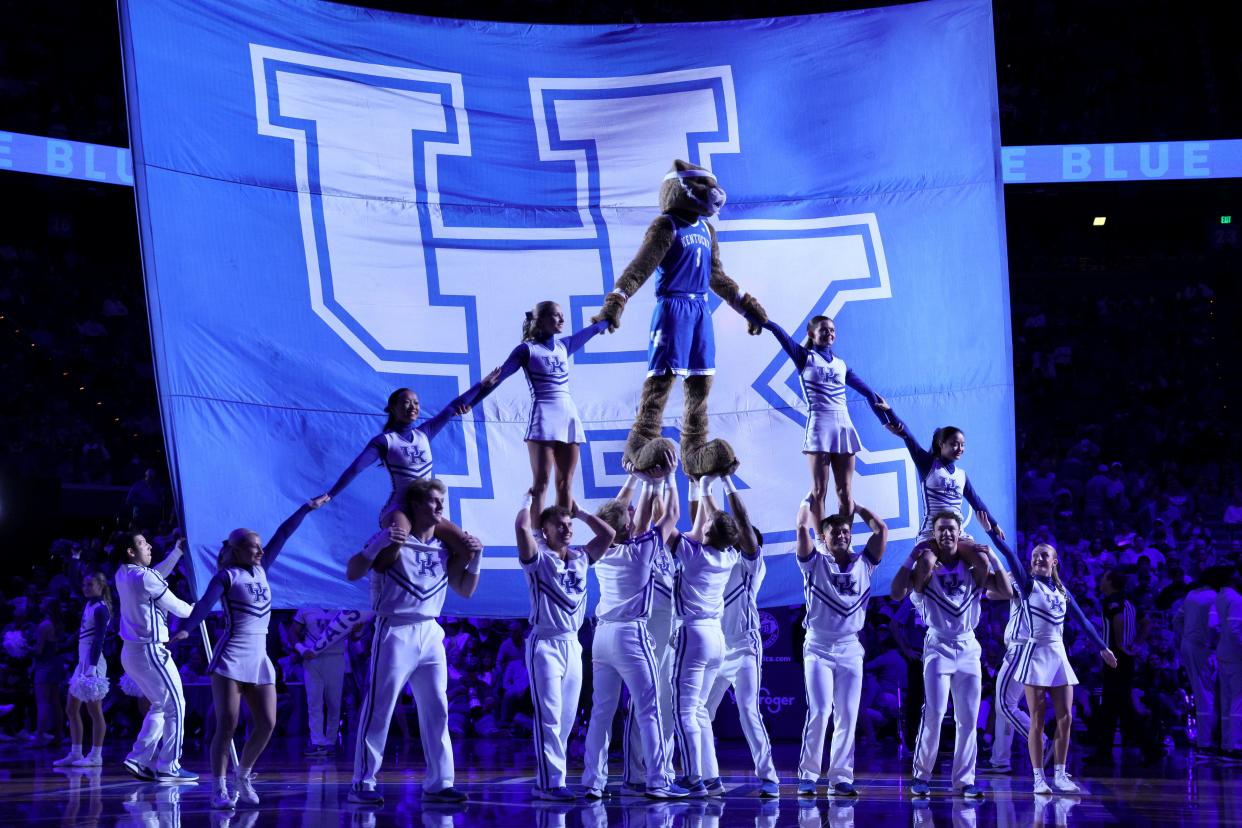 Kentucky Wildcats cheerleaders perform during the game against the Texas A&M-Commerce at Rupp Arena on November 10, 2023 in Lexington, Kentucky.