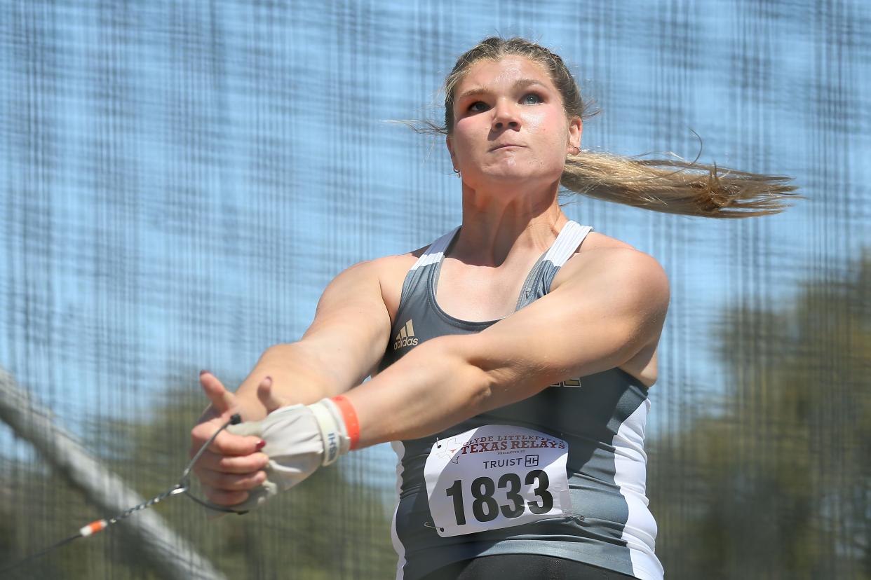 Texas State's Alyssa Wilson, a transfer from UCLA, won the women's hammer throw in last weekend's Texas Relays. She set school records in the hammer on consecutive days.