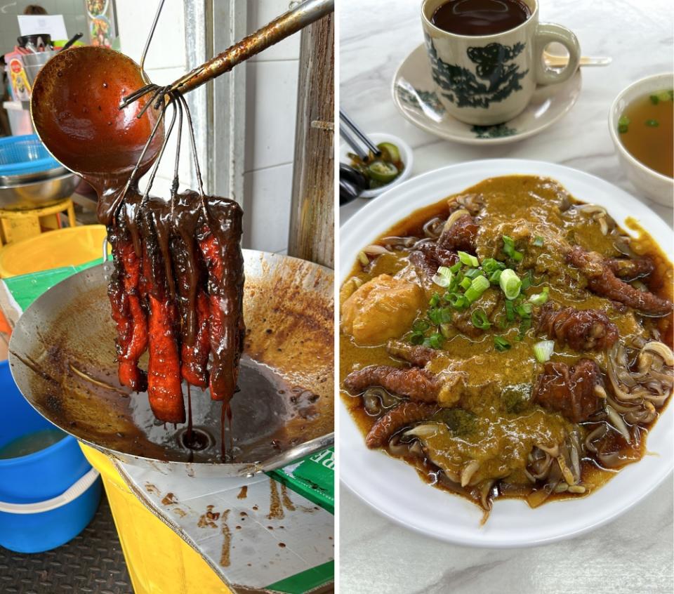 He achieves that charred exterior by glazing it with his special sauce layer by layer (left). It may look like ugly brown food but it was a delicious mess of curry sauce, braised chicken feet and 'hor fun' (right).