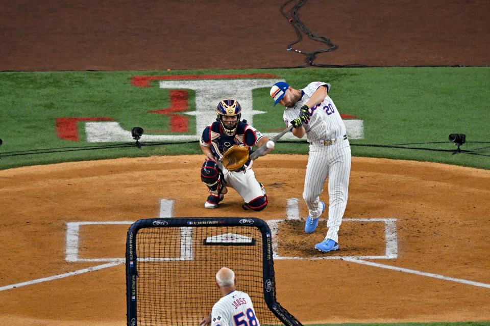 Pete Alonso of the New York Mets bats during the MLB Home Run Derby, July 15, 2024, in Arlington, Texas.