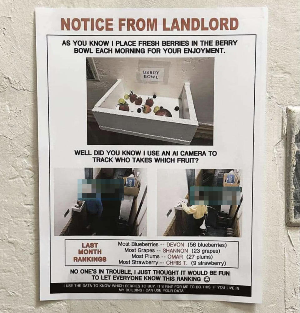 Notice from landlord with a humorous berry bowl tracking system, comparing tenants' fruit consumption