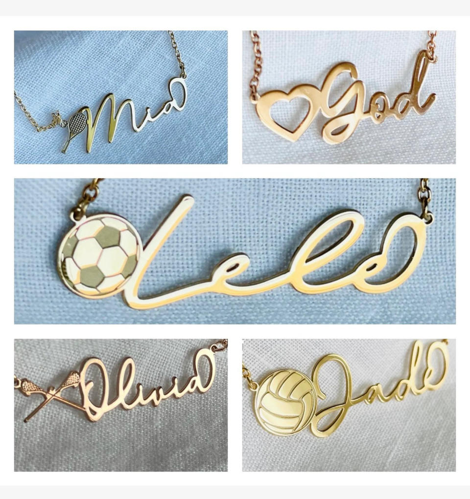 A variety of personalized sports-themed necklaces in gold