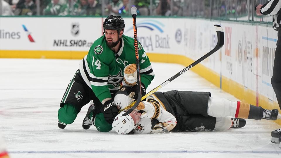 Jamie Benn was ejected early in Game 3 for a dangerous cross-check to the neck of Golden Knights forward Mark Stone. (Getty Images)