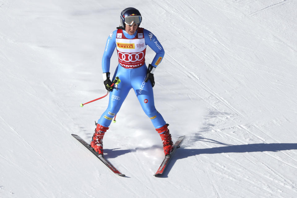 Italy's Sofia Goggia leaves an alpine ski, women's World Cup super-G race in Cortina d'Ampezzo, Italy, Sunday, Jan. 23, 2022. (AP Photo/Alessandro Trovati)