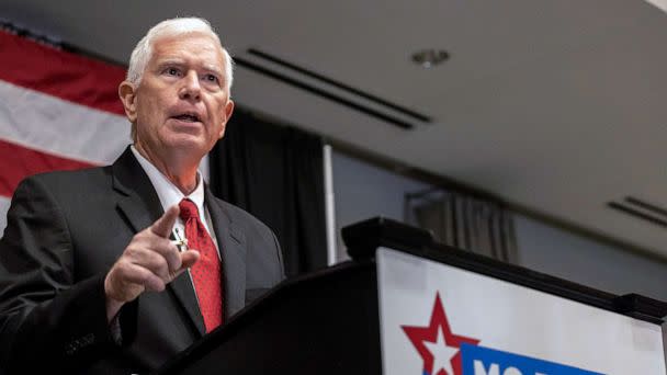 PHOTO: Mo Brooks speaks to supporters at the Huntsville Botanical Gardens, May 24, 2022, in Huntsville, Ala. Brooks is running to be the GOP nominee for the senate seat being vacated by 88-year-old Republican Sen. Richard Shelby. (Vasha Hunt/AP, FILE)