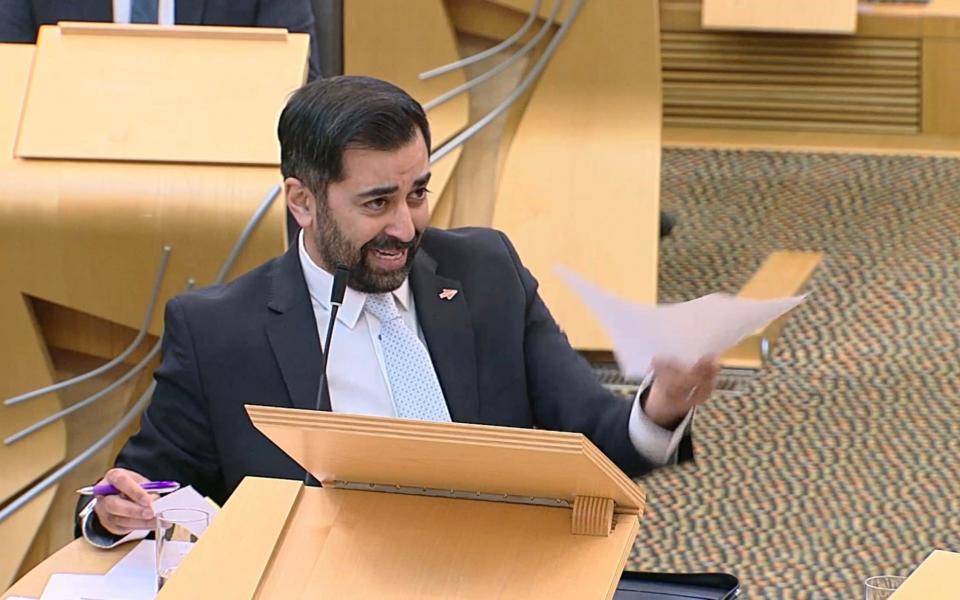 Humza Yousaf, the First Minister of Scotland, is pictured today during FMQs at Holyrood