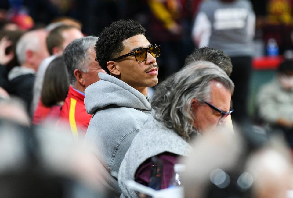 Green Bay Packers wide receiver and Iowa State alum Allen Lazard watches the Cyclones game against Kansas at the Hilton Coliseum Tuesday, Feb. 1, 2022, in Ames.