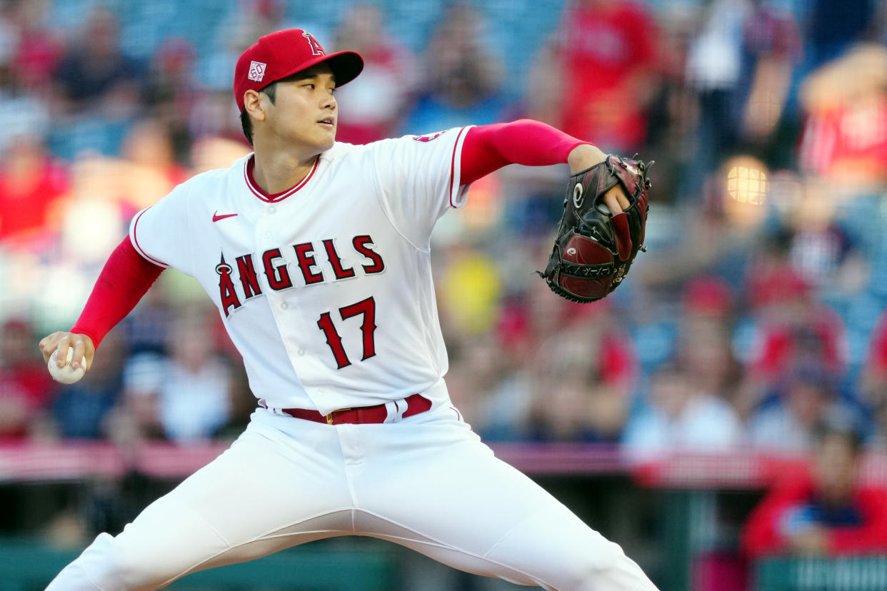 ANAHEIM, CA - JULY 06:  Shohei Ohtani #17 of the Los Angeles Angels pitches during the game between the Boston Red Sox and the Los Angeles Angels at Angel Stadium on Tuesday, July 6, 2021 in Anaheim, California. (Photo by Daniel Shirey/MLB Photos via Getty Images)
