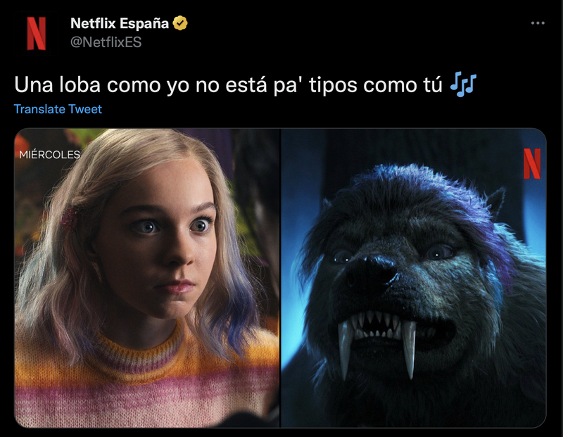 A screenshot of a blonde werewolf from the Netflix show Wednesday next to a monster.