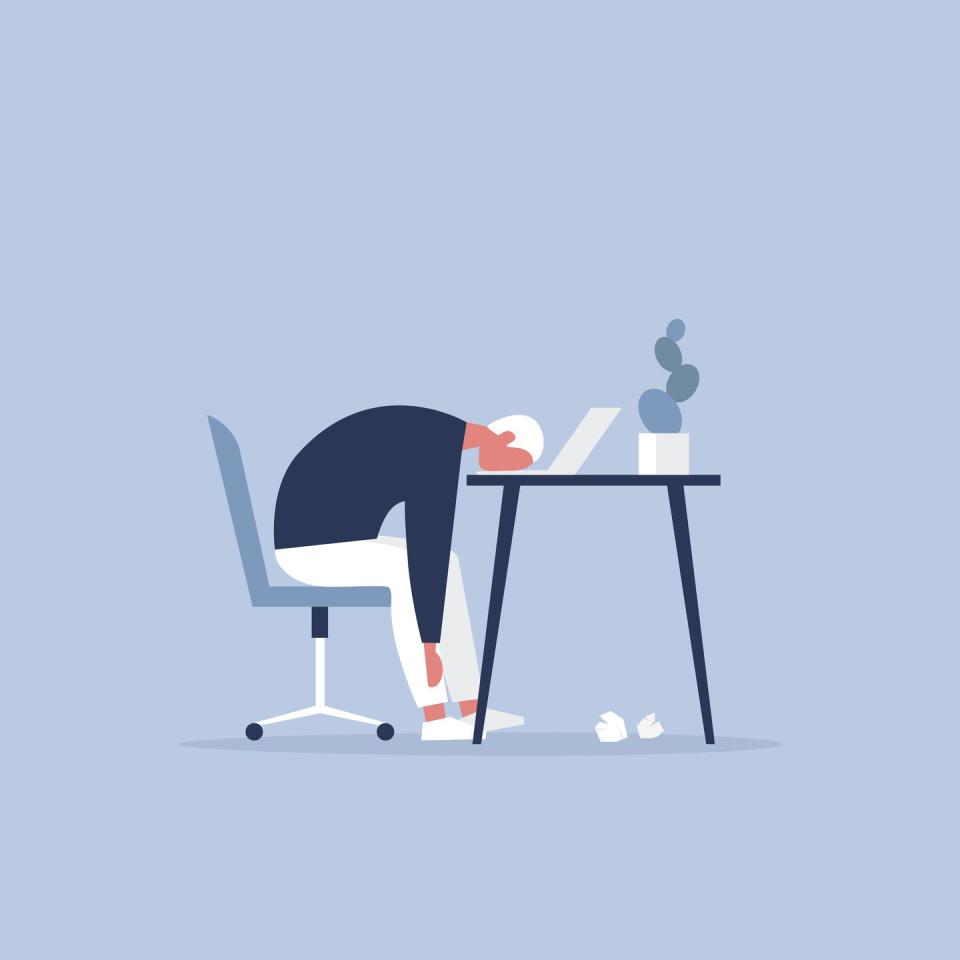 professional burnout young exhausted manager sitting at the office long working day millennials at work flat editable vector illustration, clip art
