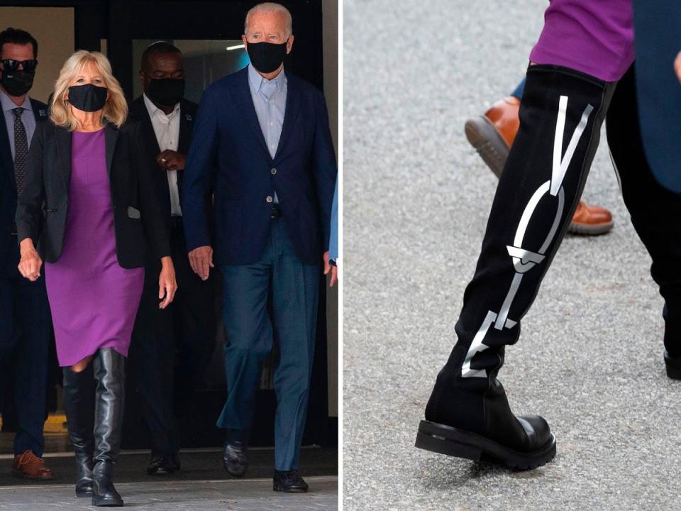 Jill Biden wears boots that say Vote while voting in Delaware's 2020 state primary.