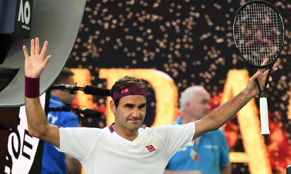 Switzerland’s Roger Federer celebrates after victory against Tennys Sandgren of the US.