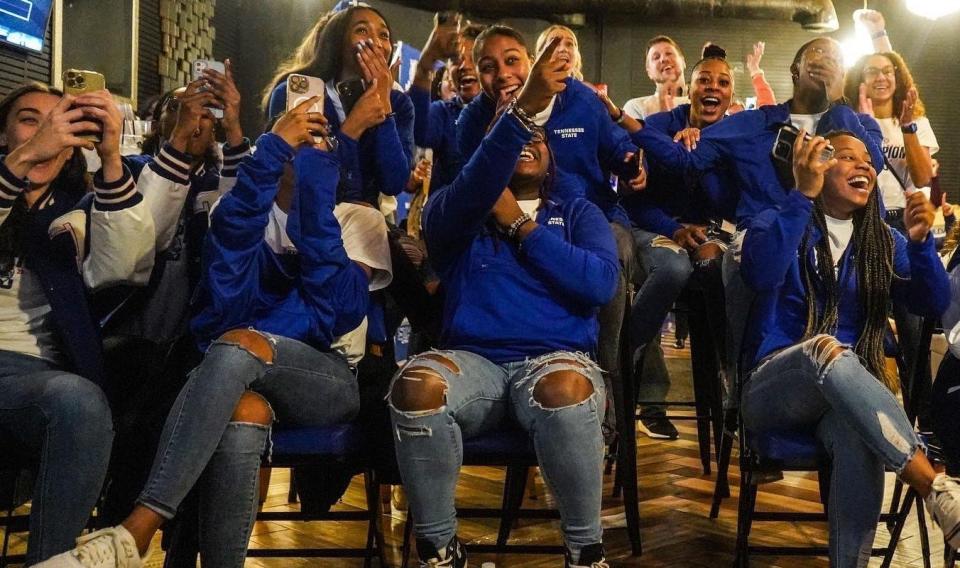 Tennessee State volleyball players react after learning they will face host Ohio State in the first round of the NCAA Tournament Friday.