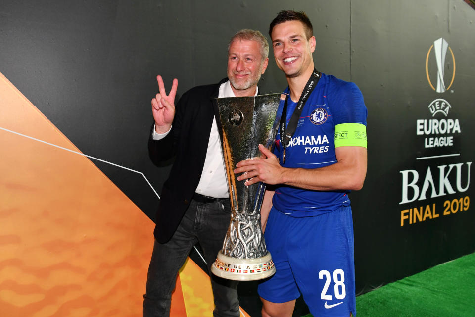 Roman Abramovich, pictured here with Cesar Azpilicueta after Chelsea won the Europa League title in 2019.