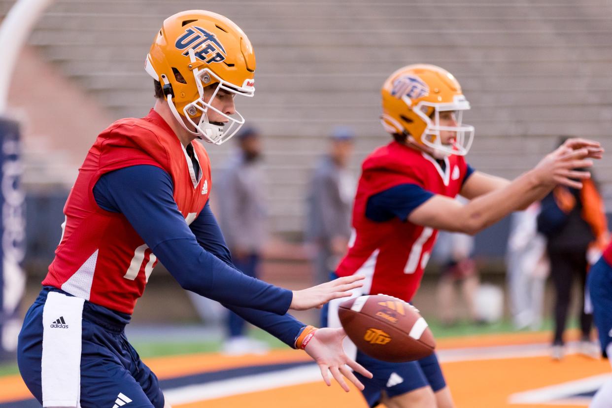 UTEP football work on drills at its second spring practice on Wednesday, March 20, 2024, at the Sun Bowl Stadium in El Paso.