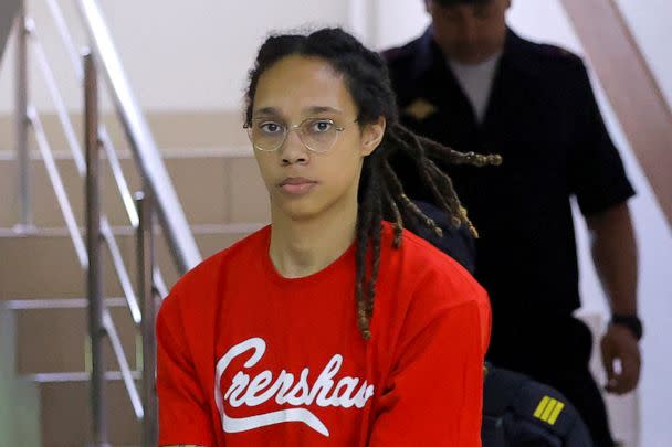 PHOTO: U.S. basketball player Brittney Griner is escorted before a court hearing in Khimki, Russia July 7, 2022. (Evgenia Novozhenina/Reuters)