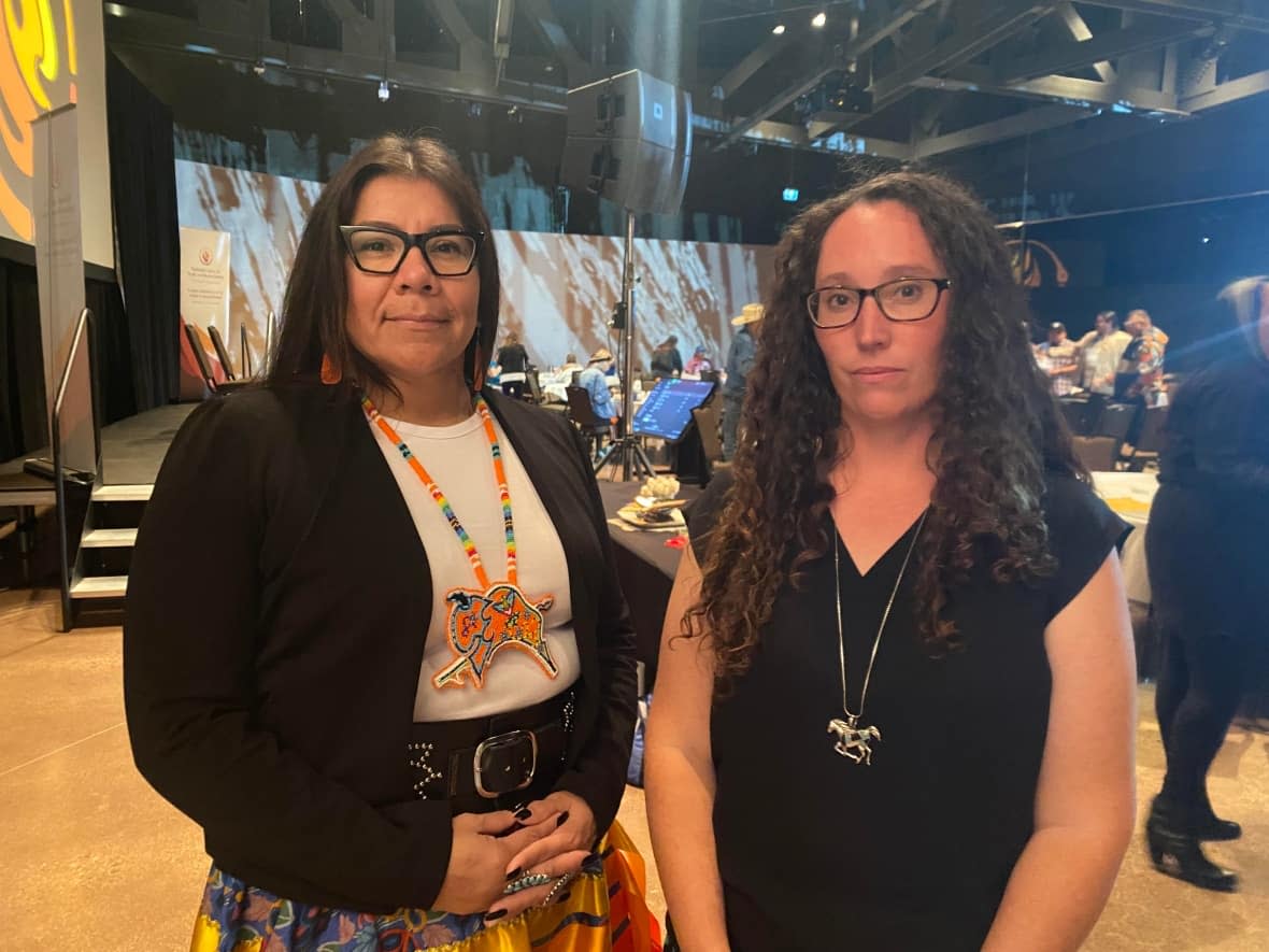Sioux Valley Dakota Nation Chief Jennifer Bone (left) and Missing Children Project manager Katherine Nichols (right) took part in the Remembering the Children gathering in Winnipeg.  (Joanne Roberts/CBC - image credit)