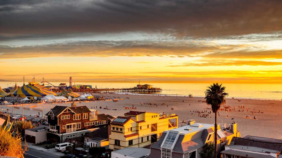 Beautiful sunset over Santa Monica beach in southern California.