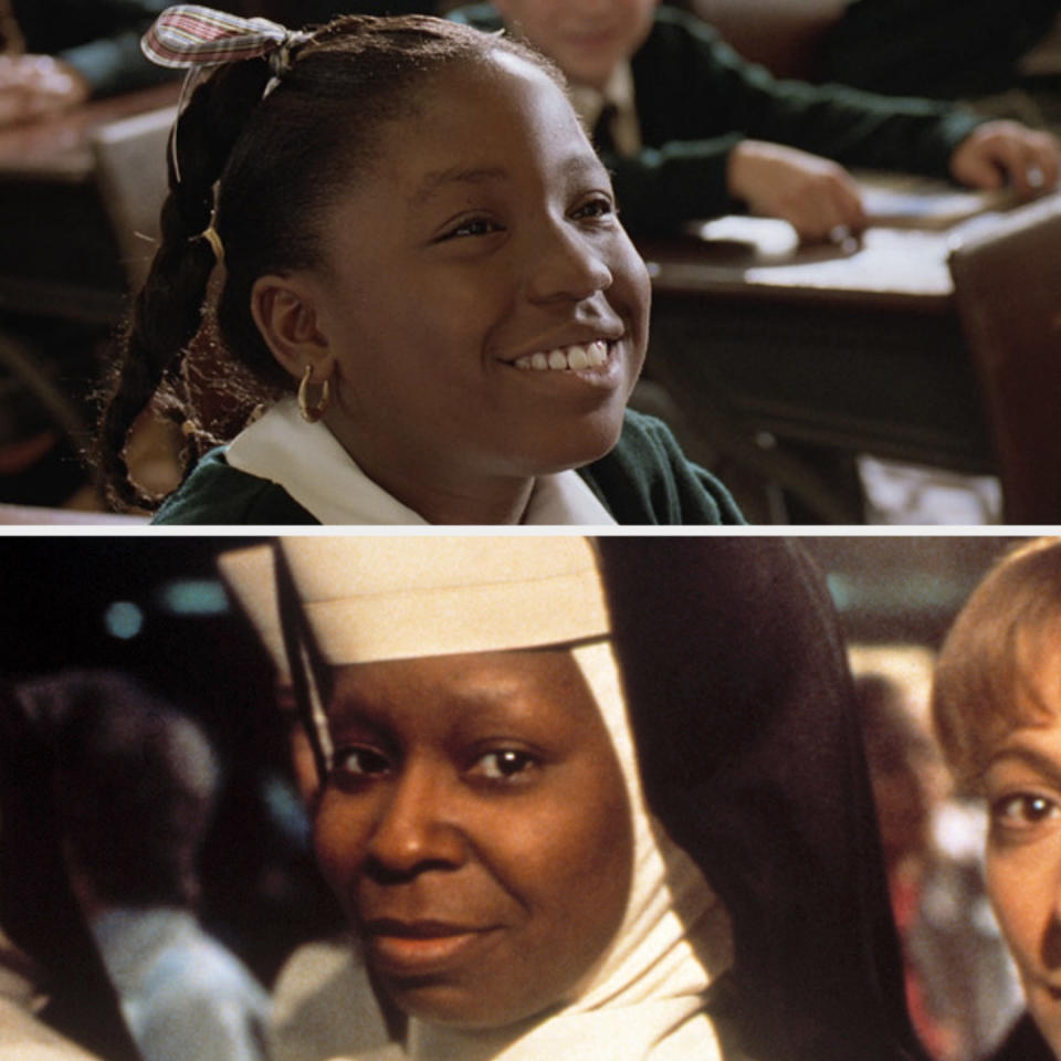 Top image: Young girl smiling in a classroom. Bottom image: Whoopi Goldberg dressed as a nun