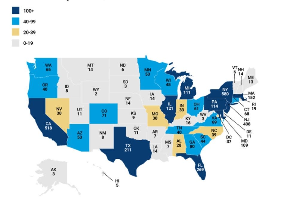 This image by the Anti-Defamation League shows the number of antisemitic incidents reported in each state last year, including 19 in Rhode island.