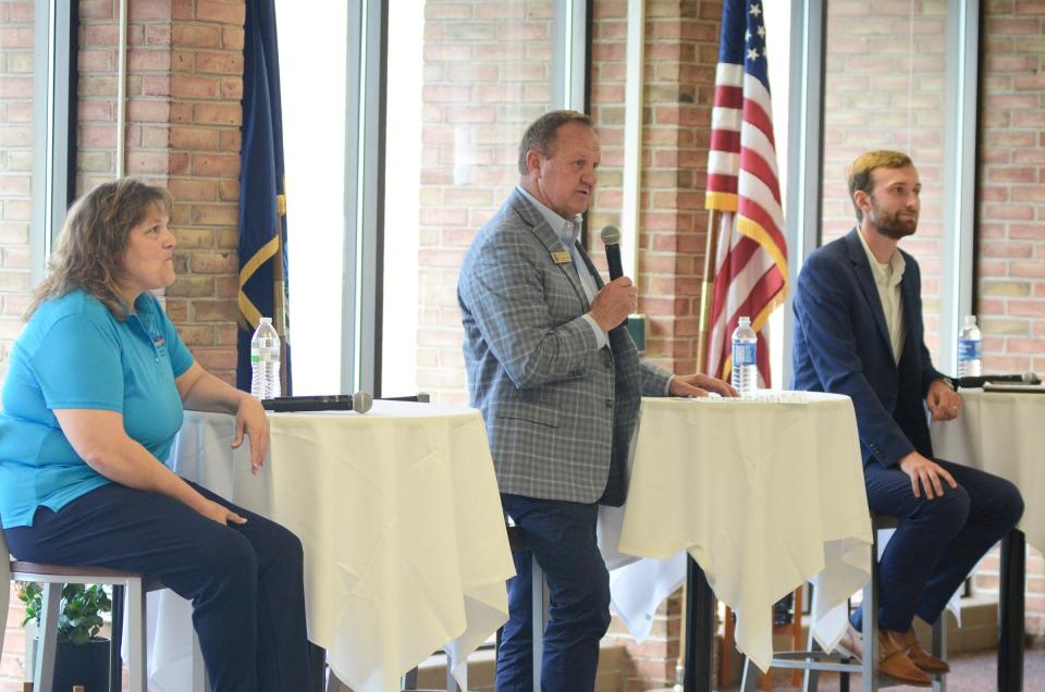 Candidates for the 107th House seat (from left) Jodi Decker, Neil Friske and Parker Fairbairn take part in a candidates forum at North Central Michigan College in Petoskey on Monday, June 24, 2024.