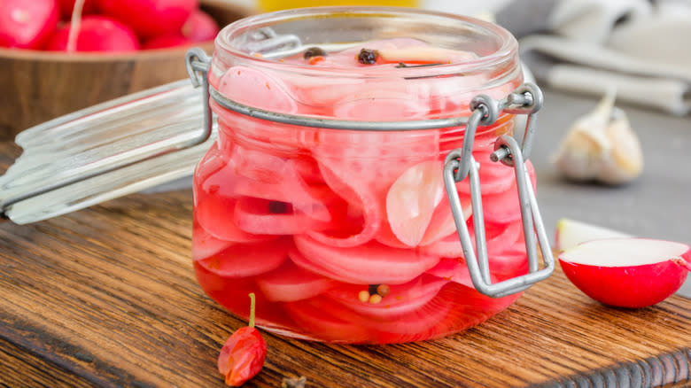 pickled radishes in a jar