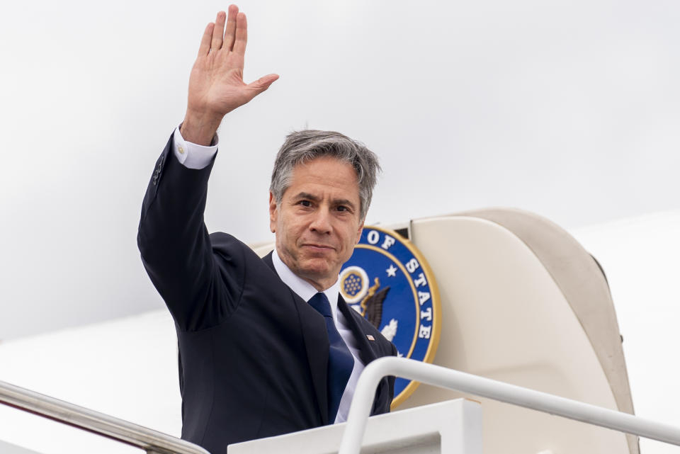 Secretary of State Antony Blinken boards his plane at Andrews Air Force Base, Md., Tuesday, June 22, 2021 to travel to Berlin Brandenburg Airport in Schonefeld, Germany. Blinken begins a week long trip to Europe traveling to Germany, France and Italy. (AP Photo/Andrew Harnik, Pool)