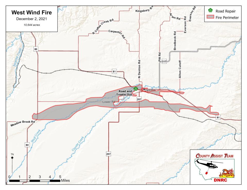 Area map showing the burn path of the West Wind Fire