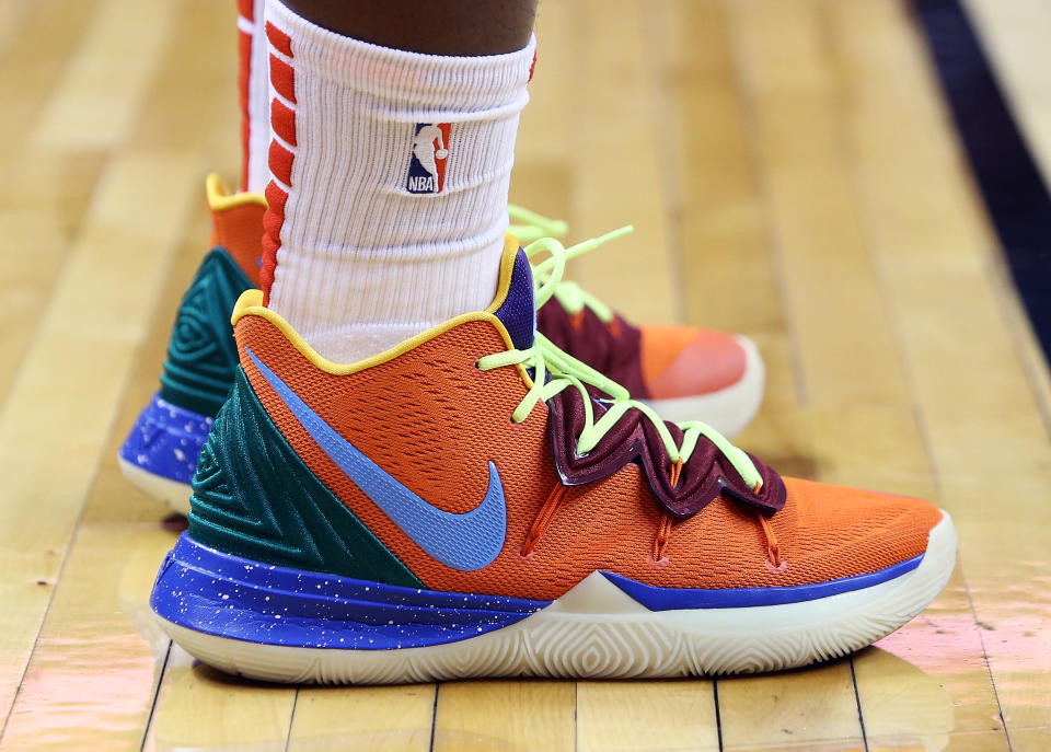 TORONTO, ON - OCTOBER 22:  The shoes worn by OG Anunoby #3 of the Toronto Raptors during the second half of an NBA game against the New Orleans Pelicans at Scotiabank Arena on October 22, 2019 in Toronto, Canada.  NOTE TO USER: User expressly acknowledges and agrees that, by downloading and or using this photograph, User is consenting to the terms and conditions of the Getty Images License Agreement.  (Photo by Vaughn Ridley/Getty Images)