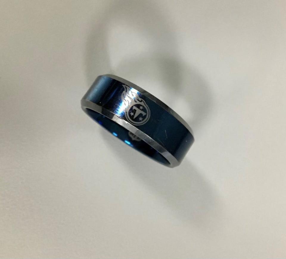 Chad Davis' custom made Titans wedding band in Titans' offices after security guards found it late Sunday night