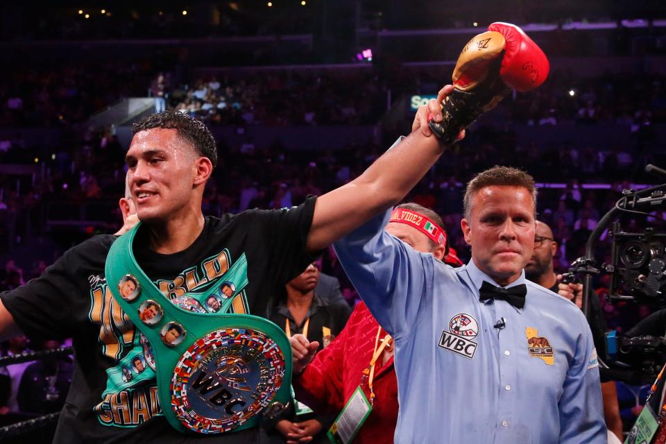 David Benavidez celebrates after defeating Anthony Dirrell during the WBC World Super Middleweight Championship boxing match on  Sept. 28, 2019. On Saturday, Benavidez will battle Rhode Island's Boo Boo Andrade.