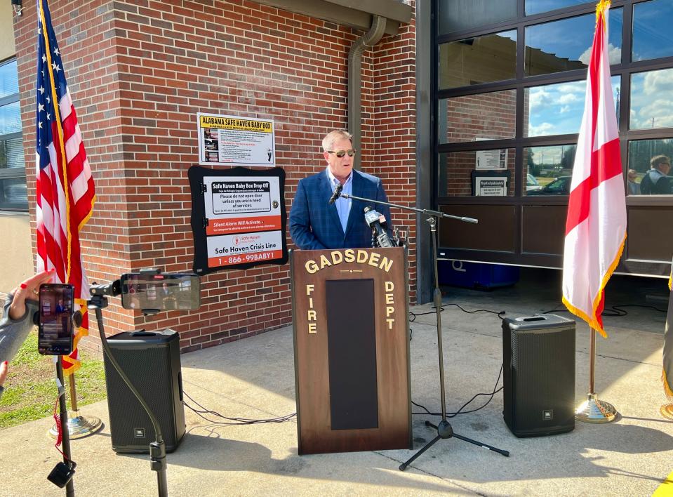 Mayor Craig Ford speaks March 7 at the unveiling of a Safe Haven Baby Box at Gadsden's Fire Station 3 on Garden Street in East Gadsden.