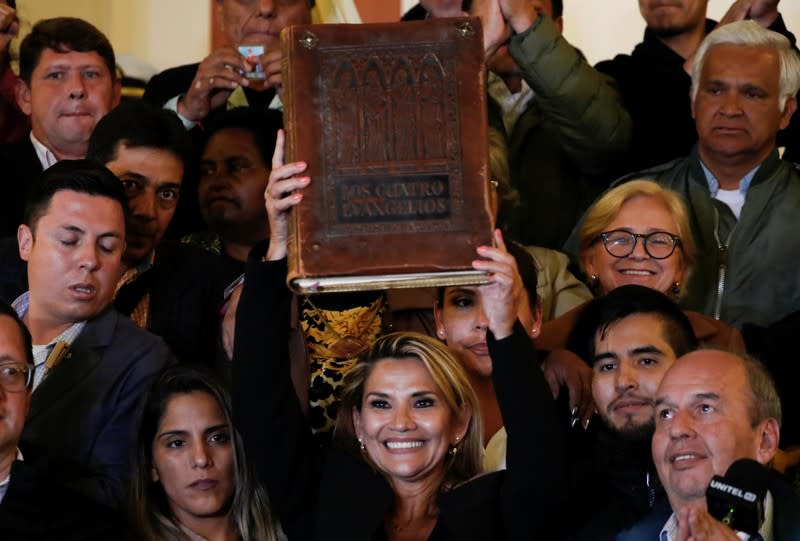 Bolivian Senator Jeanine Anez poses for a picture after she declared herself as Interim President of Bolivia, at the Presidential Palace, in La Paz