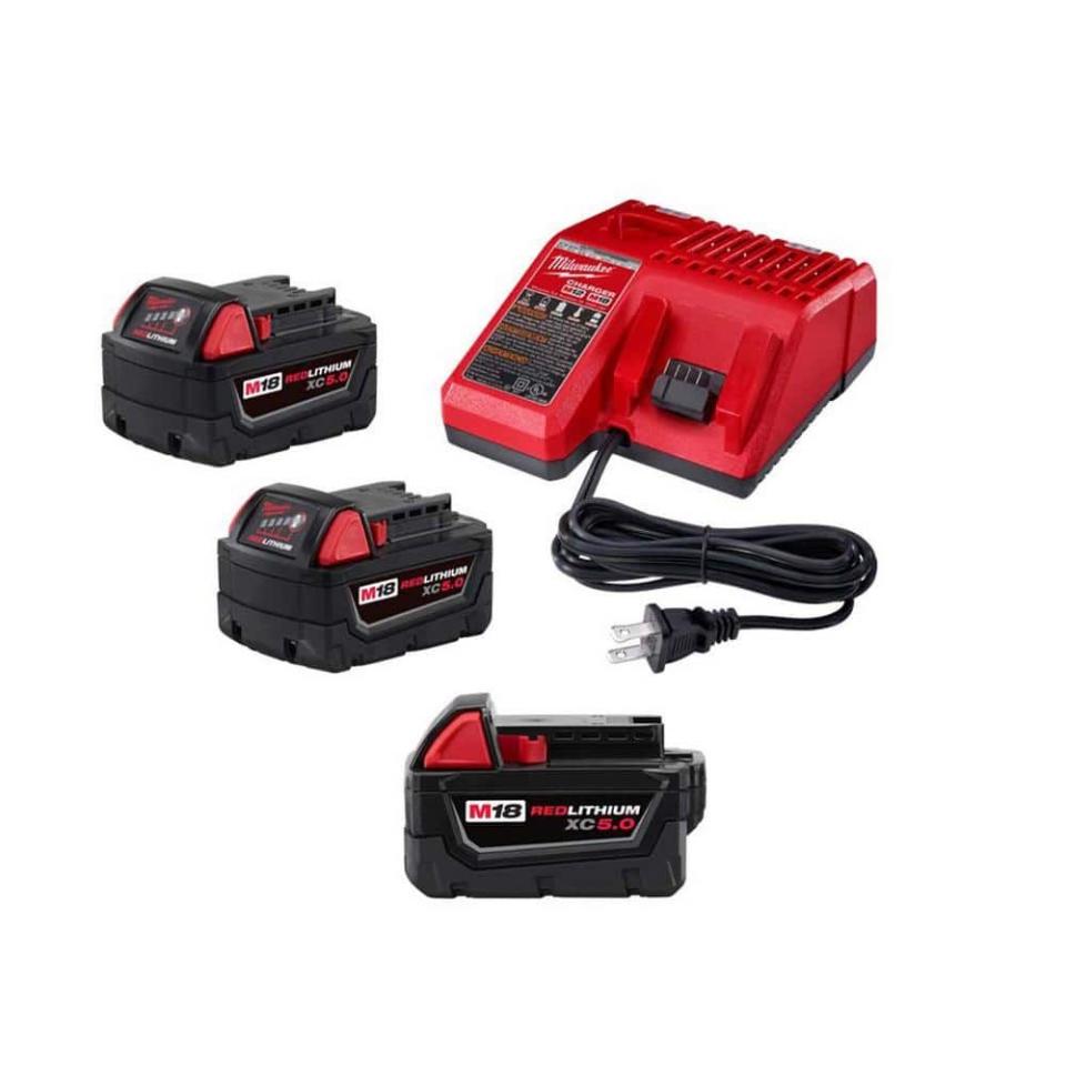 <p><a href="https://go.redirectingat.com?id=74968X1596630&url=https%3A%2F%2Fwww.homedepot.com%2Fp%2FMilwaukee-M18-18-Volt-5-0-Ah-Lithium-Ion-XC-Extended-Capacity-Batteries-and-Charger-3-Pack-48-11-1850-48-59-1852B%2F326520202&sref=https%3A%2F%2F" rel="nofollow noopener" target="_blank" data-ylk="slk:Shop Now;elm:context_link;itc:0;sec:content-canvas" class="link ">Shop Now</a></p><p>M18 Redlithium XC5.0 Batteries (3 Pack)</p><p>homedepot.com</p><p>$179.00</p>